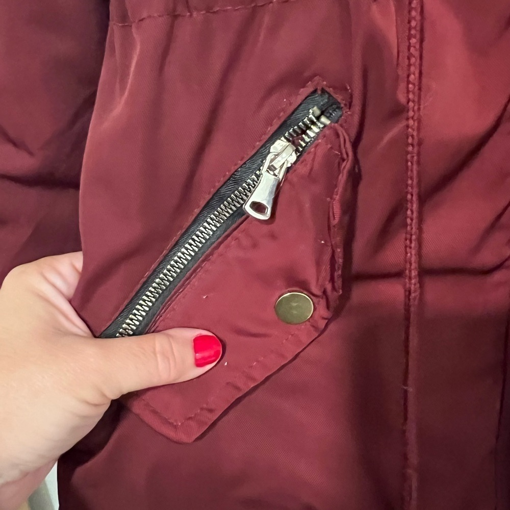 YMI burgundy red classic winter jacket w/ golden accents and fur detailed hoodie - Picture 8 of 12